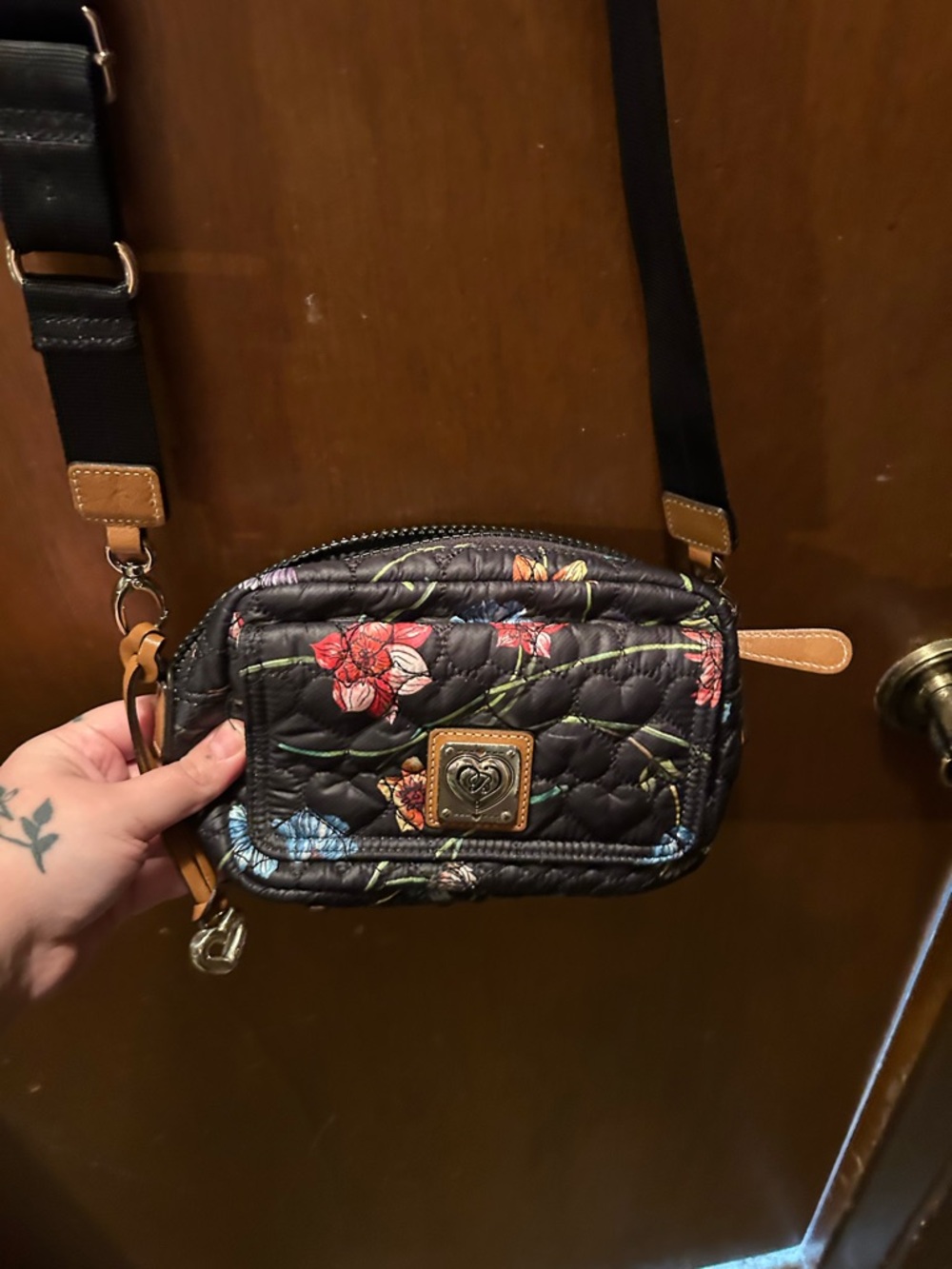 Brighton Black Quilted Floral Crossbody with Tan Trim